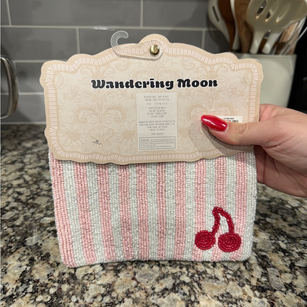 Wandering Moons Cherry Beaded Pouch - Pink and Red - Picture 2 of 2